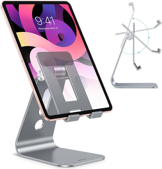 OMOTON Adjustable Tablet Stand for Desk, Upgraded Longer Arms for Greater Stability, T2 Tablet Holder with Hollow Design for Bigger Sized Phones and Tablets Such as iPad Pro/Air/Mini, Grey