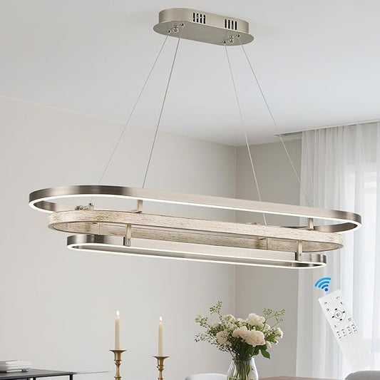 3 Ring LED Chandelier Nickel Rectangular Chandeliers 39in Wood Pirinted Oval Dining Room Chandeliers Over Table Dimmable Weathered Wood Rectangle Chandelier Light for Kitchen Island Study Room