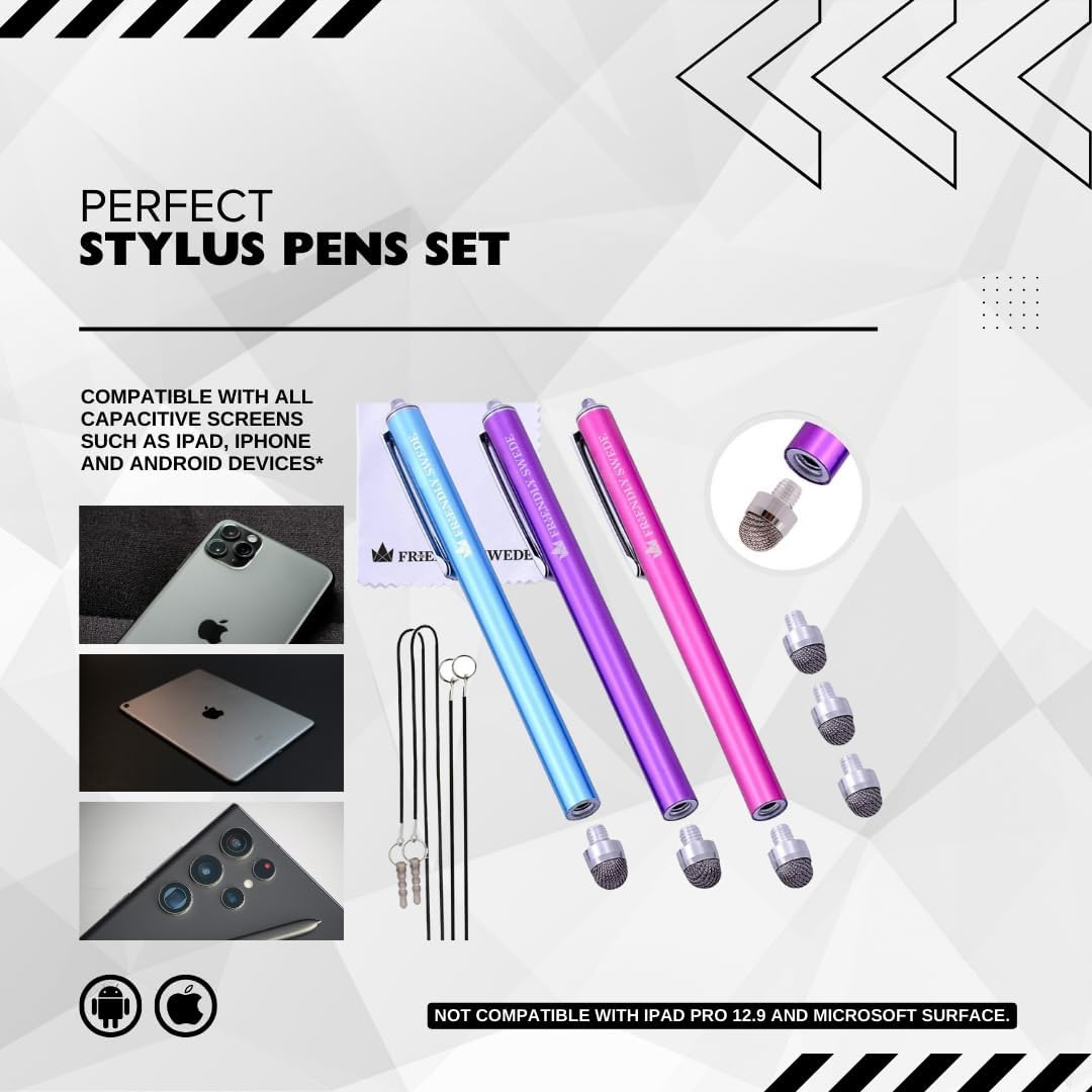 The Friendly Swede Mesh Tip Stylus Pen for Touchscreen — 3-Pack Micro-Knit Capacitive Stylus Pen for iPad & iPhone with 3 Replaceable Fiber Tips, Elastic Lanyards & Screen Cleaning Cloth