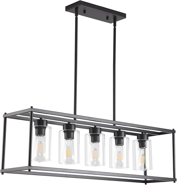 Black Dining Room Light Fixture, 5-Lights Modern Rectangular Chandelier with Clear Glass Shades, Farmhouse Linear Island Lights for Kitchen Pool Table Bar, L35.4