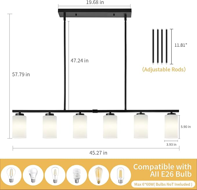 6-Light Island Lights for Kitchen Pendant Lighting Over Island Black Dining Room Light Fixtures Over Table, 45.27'' Modern Farmhouse Large Chandeliers with Milky Glass Shade