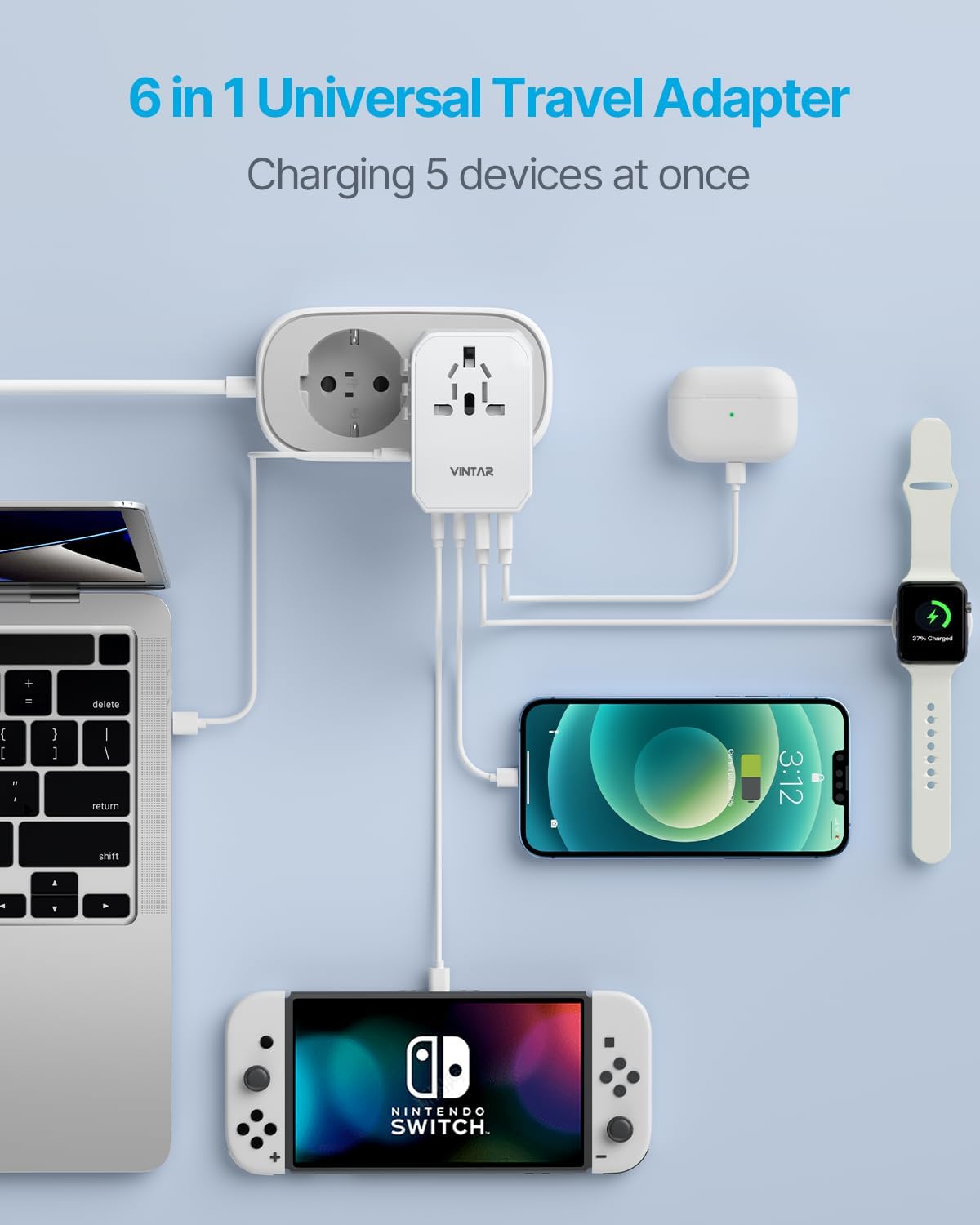 Universal Travel Adapter, VINTAR 70W GaN International Power Adapter with 5 USB Ports (3 USB-C), All-in-one Travel Essentials Plug Adaptor, Travel Adapter Worldwide for UK/EU/USA/AUS, White