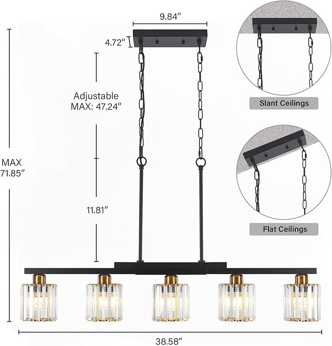 Kitchen Island Light Fixtures ，5 Lights Black and Gold Chandeliers for Dining Room Over Table, Modern Luxury Crystals Pendant Lighting Hanging