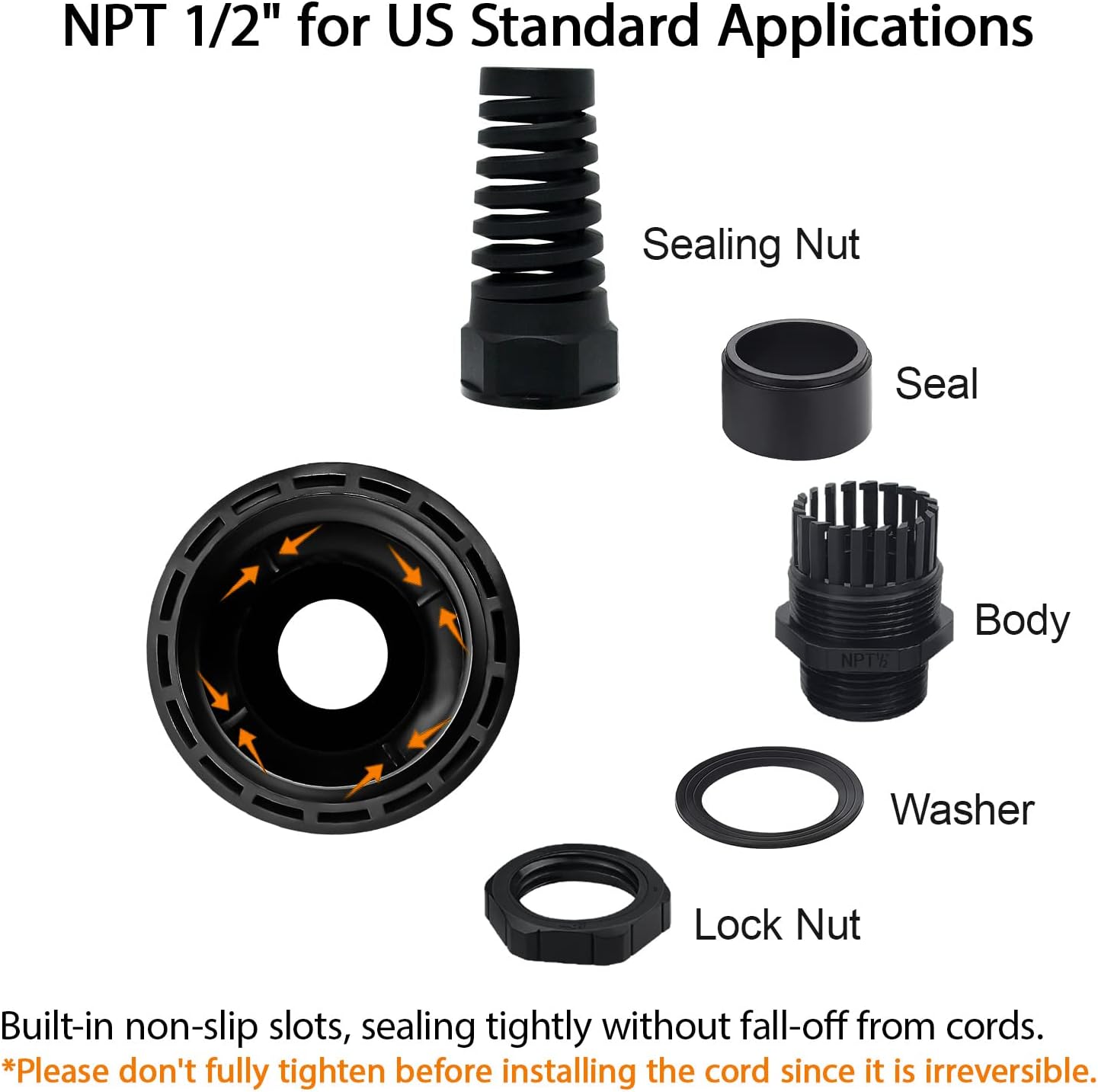 LeMotech 20Pcs NPT 1/2" IP68 Waterproof Cable Gland Flex Spiral Strain Relief Black Nylon Joint with Gaskets for 6-12mm Wire Thread