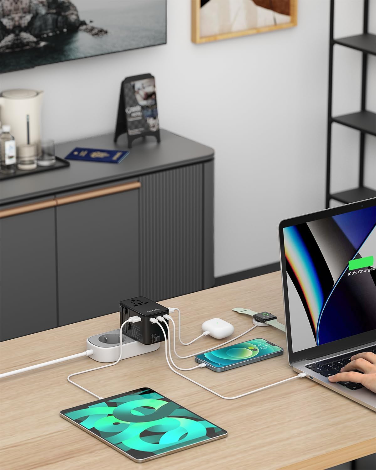 Universal Travel Adapter, VINTAR 75W GaN International Power Adapter with 3 USB C PD and 2 USB A QC, All in One Travel Essentials for UK/EU/USA/AUS, Travel Adapter Worldwide for Laptops Phones, Black