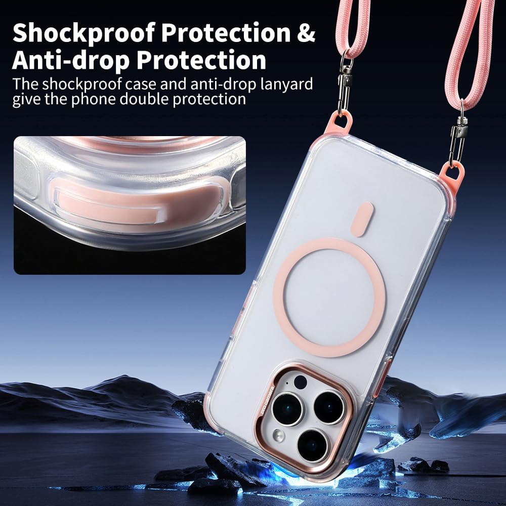 for iPhone 15 Pro Max Case with 62.99 inch Lanyard, Classic Clear&Pink Magnetic Phone Case, Drop&Shockproof Protection Cases, Phone Holder Lanyard, Compatible with Magnet Accessory