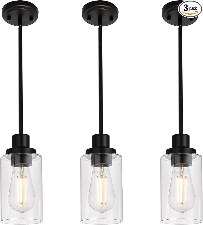 MELUCEE Kitchen Island Pendant Lighting 3 Pack Adjustable Black Hanging Ceiling Lamp with Clear Glass Shade for Bar Dining Room Corridor Living Room Bedside, 1-Light
