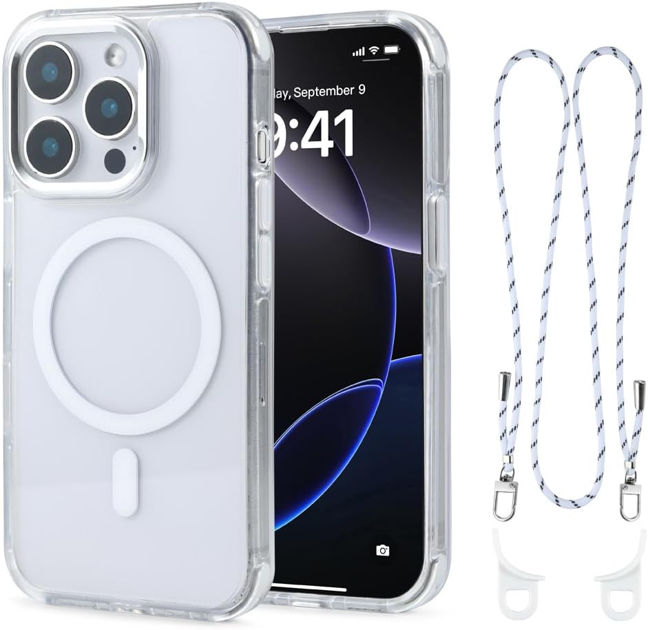 for iPhone 15 Pro Max Case with 62.99 inch Lanyard, Classic Clear&White Magnetic Phone Case, Drop&Shockproof Protection Cases, Phone Holder Lanyard, Compatible with Magnet Accessory