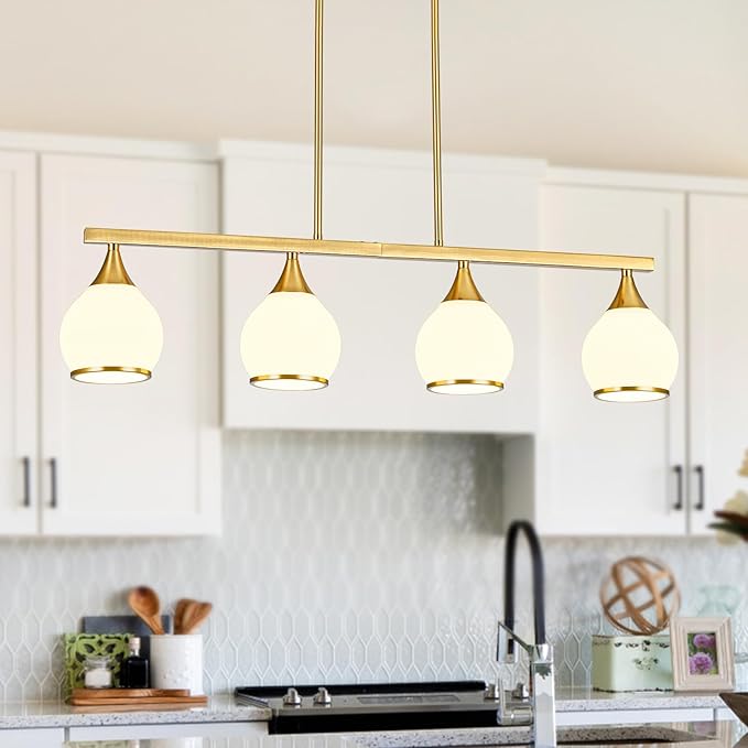 Island Light for Kitchen,4-Light Gold Finish Kitchen Island Pendant Lighting with Round Frosted Glass Shades for Dining Table