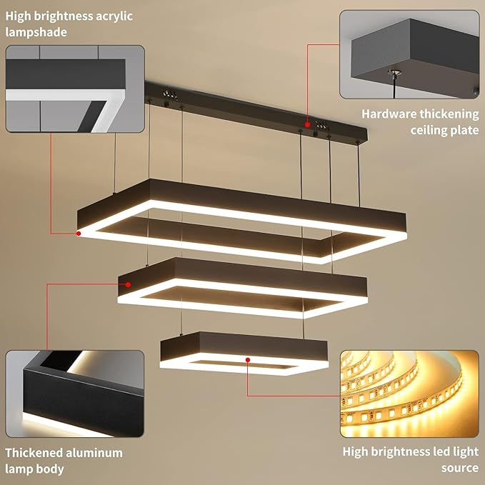 Modern Chandeliers for Living Dining Room, 3-Ring Rectangular LED Chandelier Light Fixture with Remote Control Dimming, Hanging Pendant Light with Adjustable Height, Black
