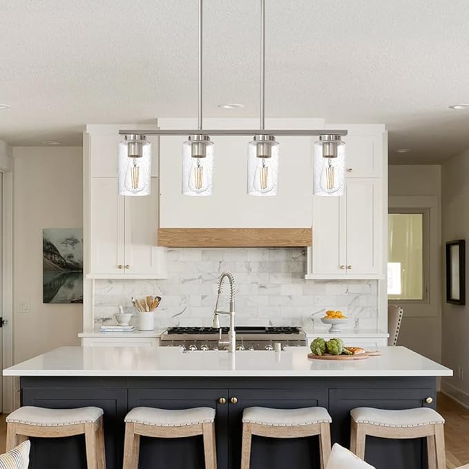 TODOLUZ 4-Lights Kitchen Island Pendant Light Fixture with Seeded Glass Shade, Brushed Nickel Hanging Ceiling Lighting for Farmhouse Dining Room