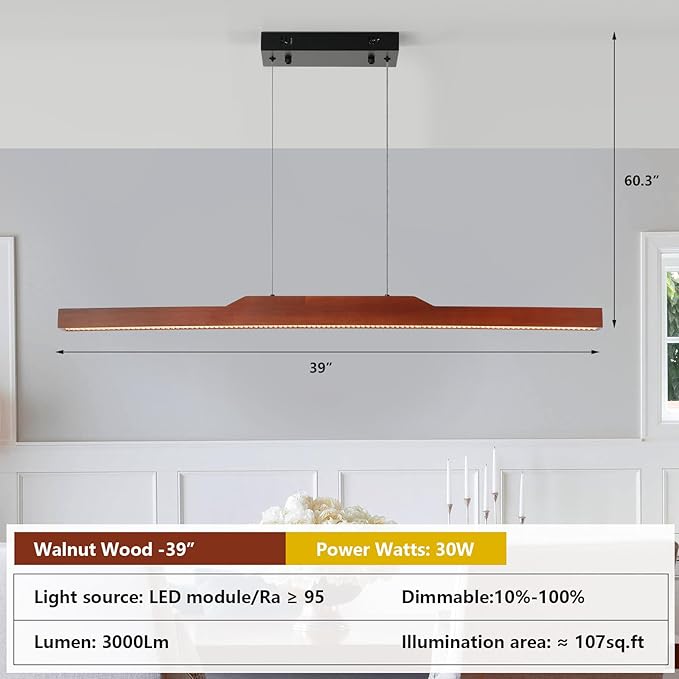 Q&S Linear Chandelier,Wood Pendant Light Fixtures for Dining Room,Modern Dimmable Hanging Led Chandelier with Remote 30W Kitchen Island Light for Bar Pool Office 39"