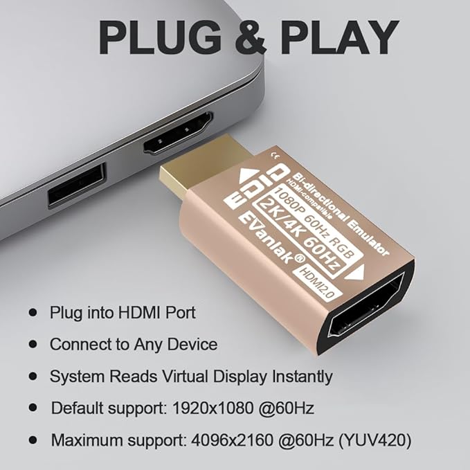 EVanlak HDMI EDID Emulator Adapter Dummy Plug, Virtual Display Headless Ghost HDMI Passthrough 1080P@60Hz to 4K@60Hz, Bi-Directional, Gold -1P