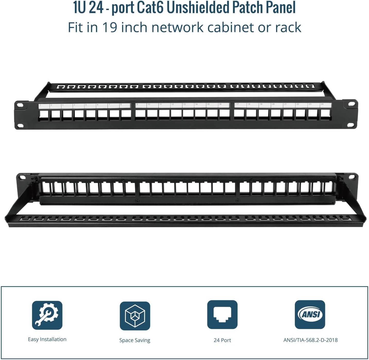 Tecmojo 24-Port Blank Keystone Patch Panel, 1U 19" Rackmount Housing with Cable Management Support Bar, Black