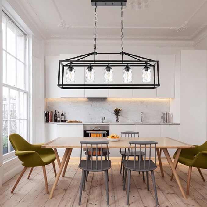 BONLICHT Black Farmhouse Chandeliers Rectangle 5 Light Modern Kitchen Island Pendant Light with Clear Water Glass Industrial Linear Dining Room Lighting Fixture Hanging Flush Mount Ceiling Lights