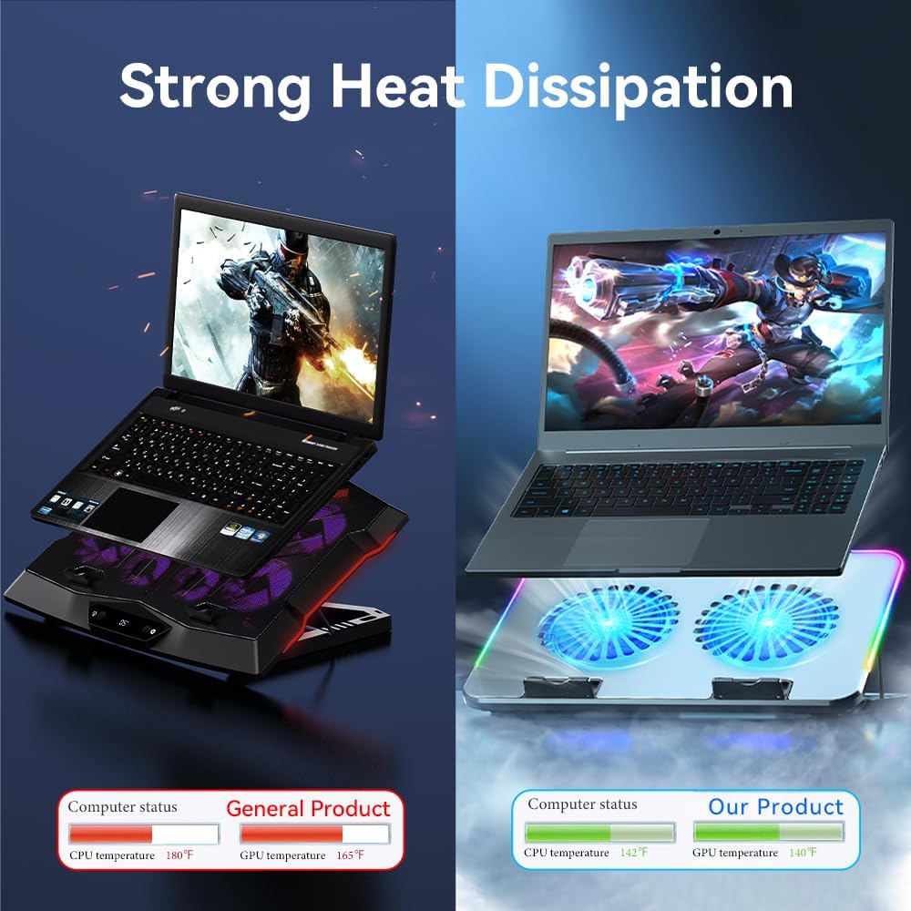 Upgarde Metal RGB Laptop Cooling Pad Gaming Laptop Cooler with 2 Large Fans, Adjustable Fan Speed, 7 Height Stand, 10 Modes Light with Memory Function for 10-17.3 Inch Laptops
