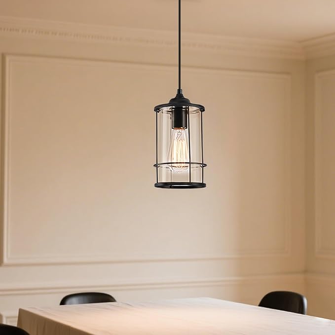 Black Pendant Light Kitchen Island Glass Pendant Light Fixture, Kitchen Hanging Lights with Clear Glass, Modern Farmhouse Cage Pendant Lights for Dining Room Hallway Bathroom