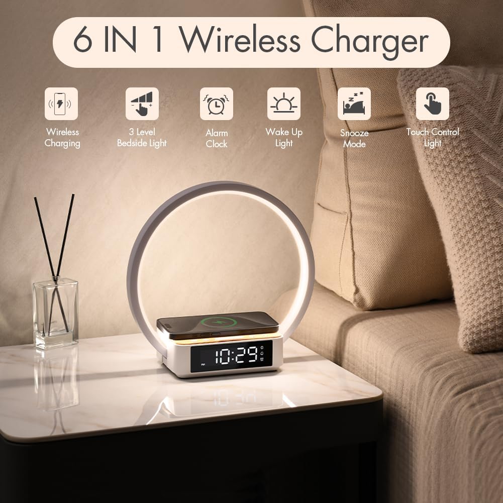 Wireless Charging Station with Alarm Clock,Bedside Lamp with Sunrise Wake-Up Light,Wireless Phone Charger,Touch Table Lamp with 3 Brightness Levels,Idea Gifts for Women,Men,Teens,Adults