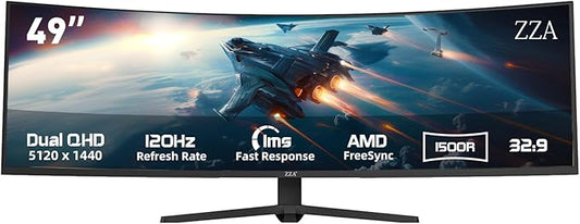 ZZA 49 Inch Ultrawide Curved Gaming Monitor, 120Hz, DQHD 5120x1440P, 1500R, Ultra-Wide 32:9 Screen, 1ms MPRT, HDR, FreeSync G-Sync Compatible, VESA Compatible, Height/Tilt Adjustable