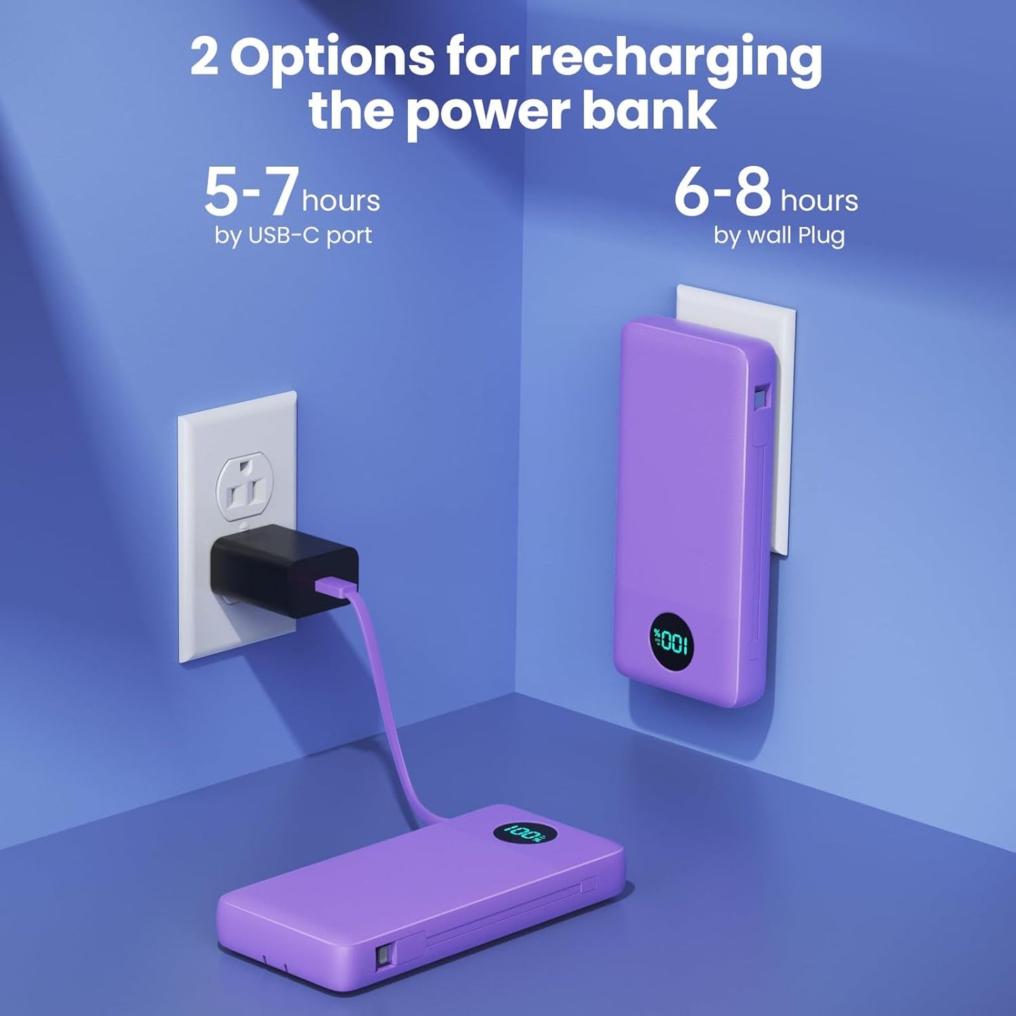 Portable Charger 33800mAh USB C Power Bank with Built-in Cables & AC Wall Plug,25W Fast Charging+QC 4.0 Phone Charger,4 Output LCD Display Battery Pack Compatible with iPhone16/15,Samsung,Android etc