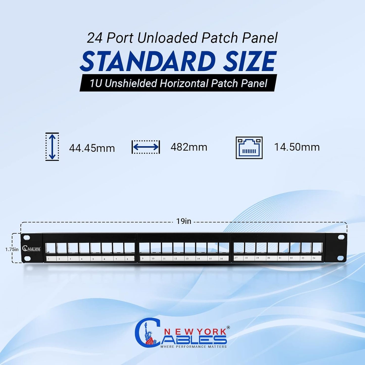 NewYork Cables® Blank Keystone 24 Port Cat6 Patch Panel - 10Gb Ethernet 1U Horizontal Rack Mount, Color-Coded T568A/B Labels, Network for Data Centers, Server Rooms, Unloaded, Unshielded.