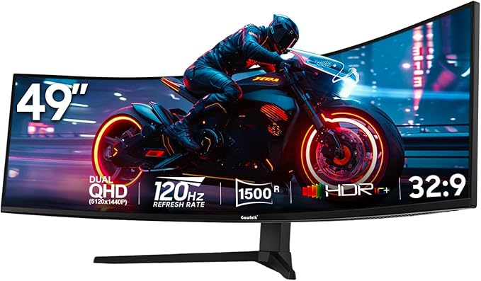Gawfolk 49 Inch Ultra-Wide Curved Gaming Monitor, 120Hz Ultrawide PC Screen 5120x1440, FreeSync, Height Adjustable, HDMI 2.1/DP 1.4, Compatible Wall Mount
