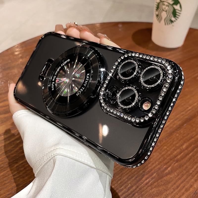 Magnetic Kickstand (Glitter Lens Protector ) Case for IPhone 15 14 13 12 Pro Max (Compatible with Magsafe ) Sparkling Diamond Cover Glitter Shiny Rhinestone Cases (Black,for iPhone 15 Pro Max)
