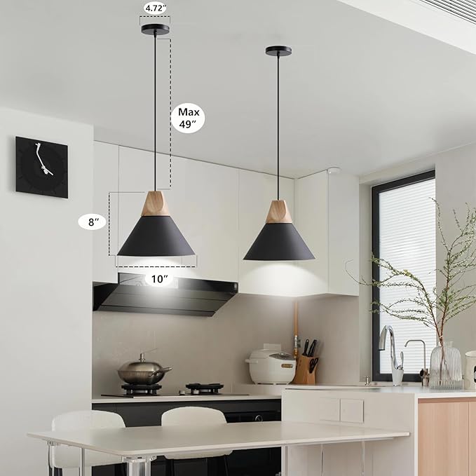 Pendant Light,Solid Wood Ceiling Hanging Lamp,Modern Matte Black Pendant Lighting for Kitchen Island Dining Room Coffee Bar (Black-3 Pack)