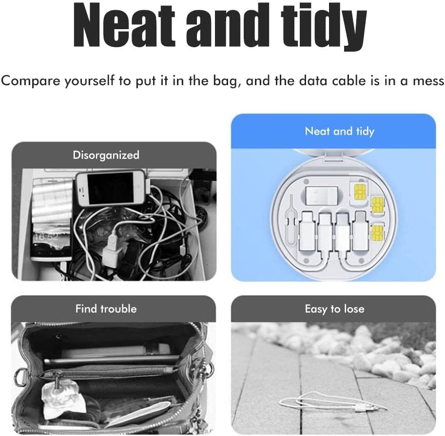 Multifunctional Data Cable Conversion Head Portable Storage Box, Multi-Type Charging Line Convertor USB Type C Adapter Tool Contains Sim Card Slot Tray Eject Pin, Phone Holder (White)