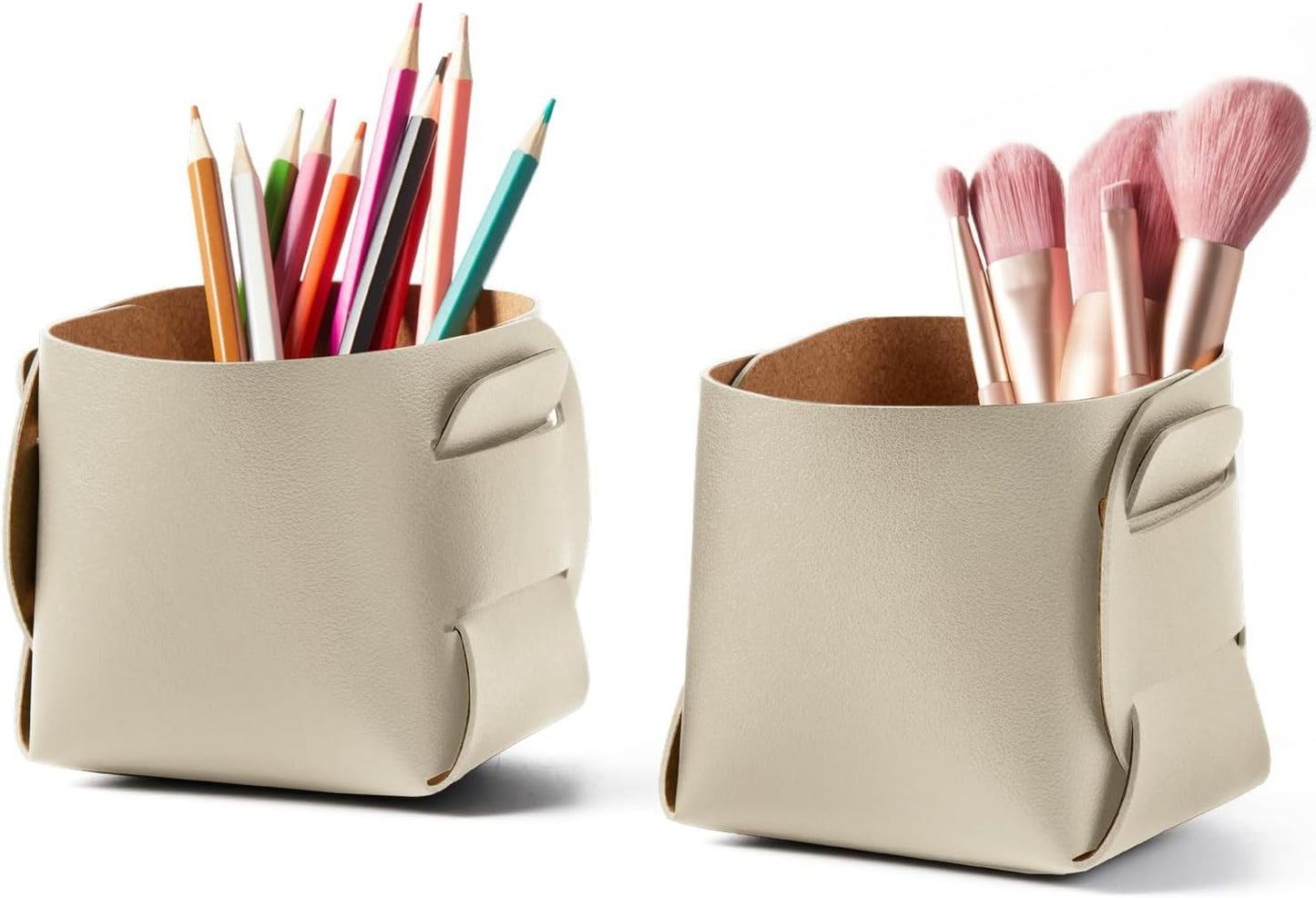 2-Pack Cork Leather Makeup Brush Holder Organizer - Desk Accessories Storage - Pencil Pen Holder - Stylish Addition to Home Decor (Beige)