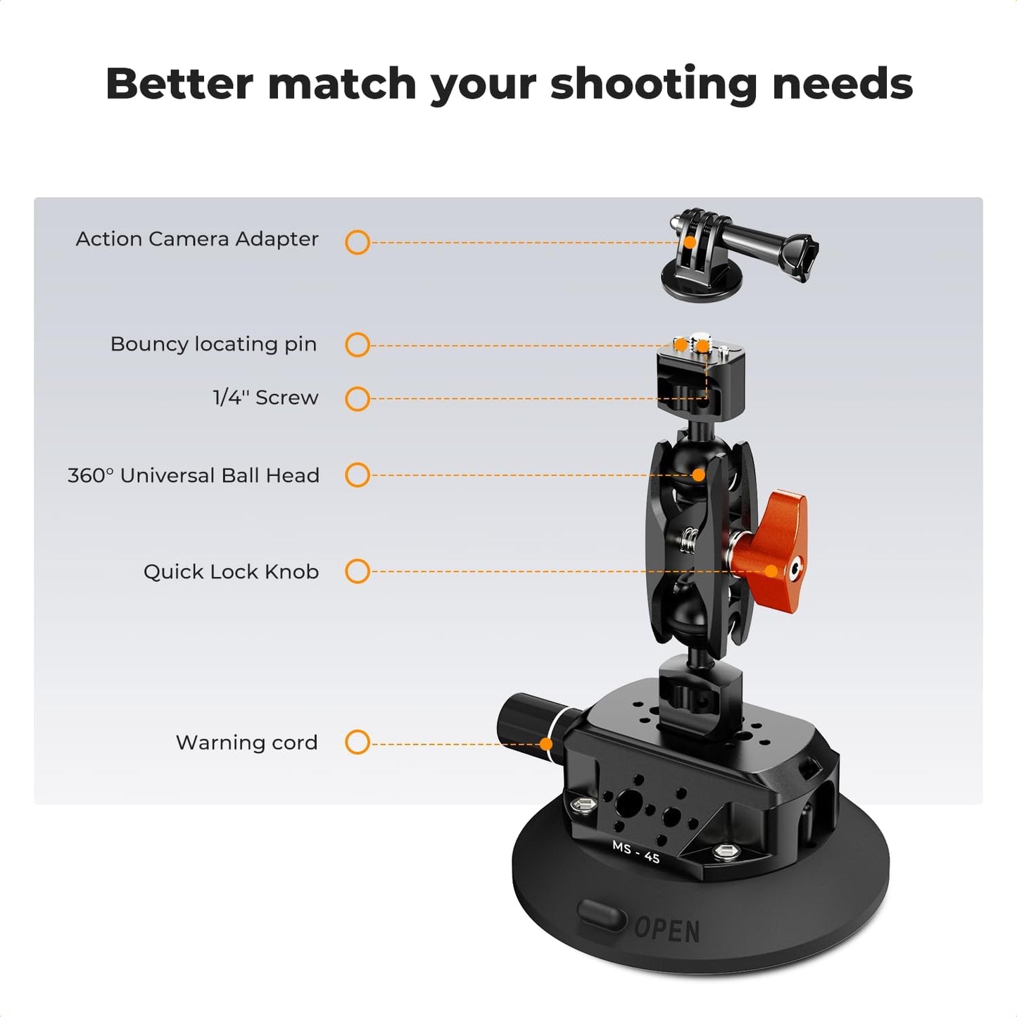 K&F CONCEPT 4.5" Suction Cup Camera Mount with Magic Arm, ARRI Style 1/4" 3/8" Threads, Quick Release Car Mount Compatible with Gopro DJI Insta360 for DSLR Action Camera Phone Video Shooting