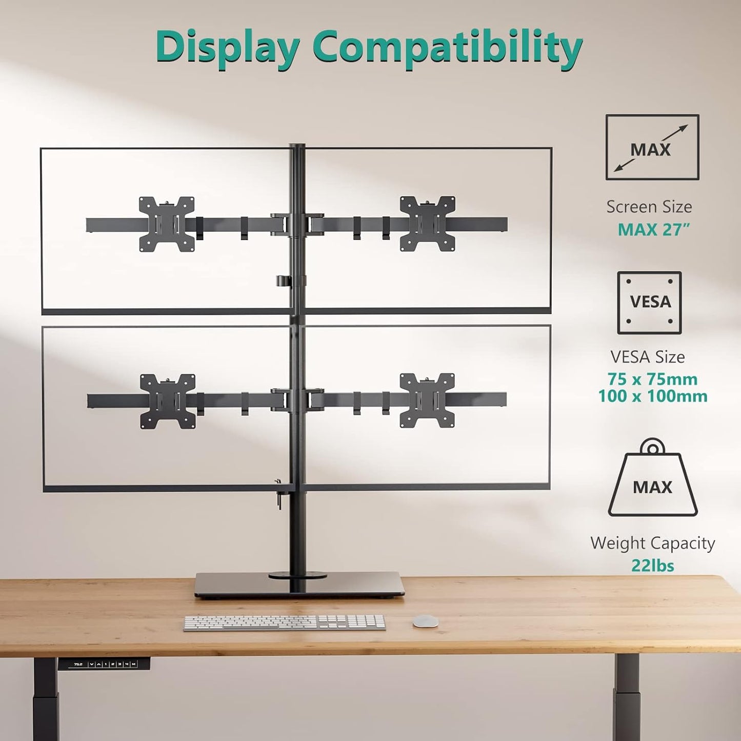 WALI Freestanding Quad Monitor Mount for 17-27 Inch Screens, Fully Adjustable 4 Monitor Stand with Swivel, Tilt, Rotation, Glass Base, Max Load 22 lbs per Arm (GMF004), Black