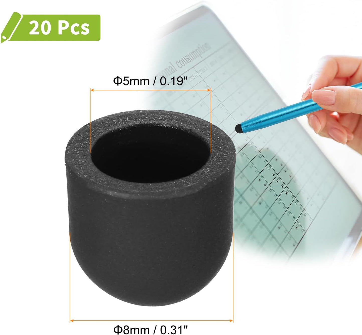 MECCANIXITY 20Pcs Replacement Stylus Pen Tips 8mm Conductive Capacitive Touch Screen Pens Tips Silicone Rubber, Black