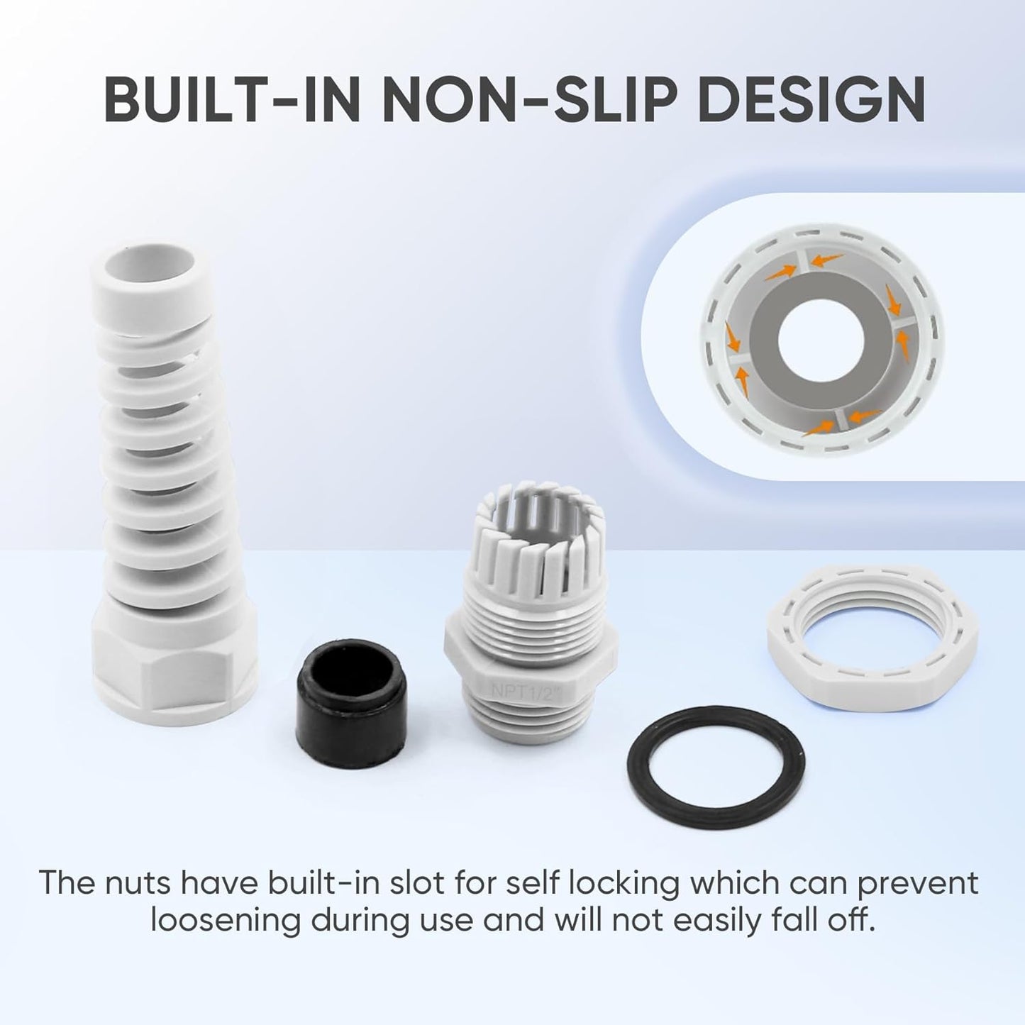 Strain Relief Cord Connector,LISTENJIALE 2Pcs NPT 1/2" Waterproof Cable Gland Flex Spiral Strain Relief Adjustable 6-12mm Cable Connector Nylon Joint with Gaskets(Grey)
