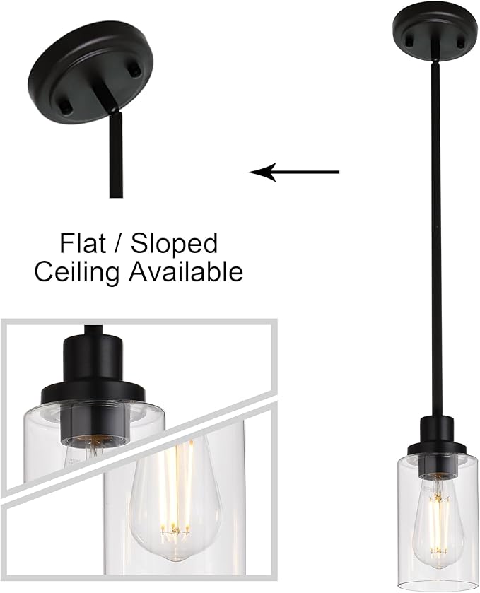 MELUCEE 2-Pack Pendant Light Black Adjustable Hanging Light Fixtures Ceiling with Clear Glass Shade, Set of Two Mini Pendant Lighting for Kitchen Island Hallway Porch Corridor