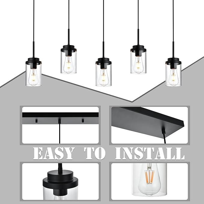 MELUCEE Kitchen Island Lighting Modern 5 Lights Linear Chandeliers for Dining Room, Industrial Black Pendant Light Fixtures Ceiling Hanging with Clear Glass Shade, 37 Inches Length