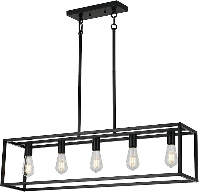 XILICON Kitchen Island Lighting Farmhouse Chandeliers Black 5 Light Modern Dining Room Lighting Fixtures Hanging, Kitchen Island Cage Linear Pendant Lights Ceiling Light
