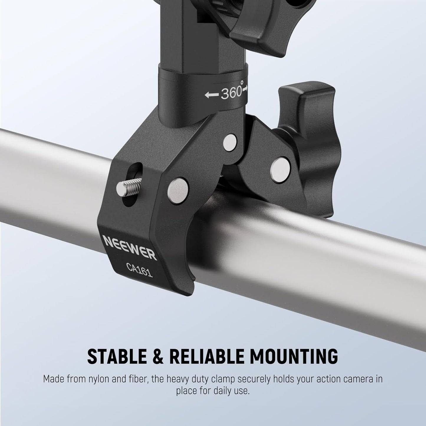 NEEWER Motorcycle Bike Handlebar Clamp Mount, Heavy Duty Clip Holder, 1/4" Screw & 3 Prong Adapter Compatible with Insta360 X5 X4 GoPro Hero 13 12 POV Video Recording, 360° Rotation & 270° Tilt, CA161