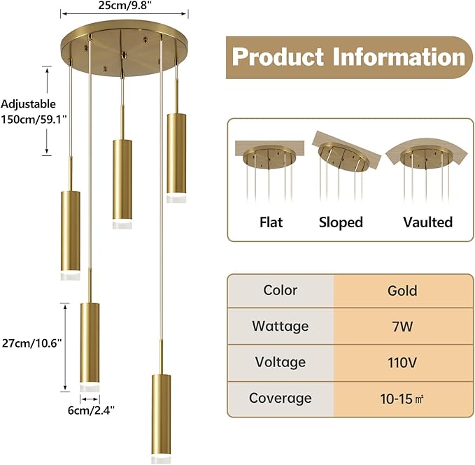 KCO Lighting 5 Lights Cluster Pendant Lighting Cylinder Gold Pendant Light Mid Century Modern Hanging Ceiling Light Fixture for Living Room Kitchen Island Hallway