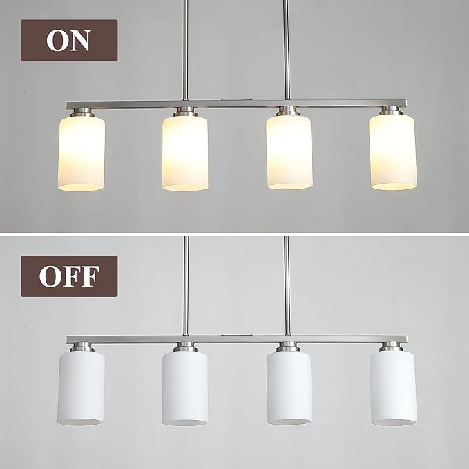 Island Light for Kitchen, Brushed Nickel Dining Room Light Fixture Over Table with Milk Glass Shade, 4-Light Linear Chandelier Pendant Lighting for Dining Table Kitchen Island Living Room