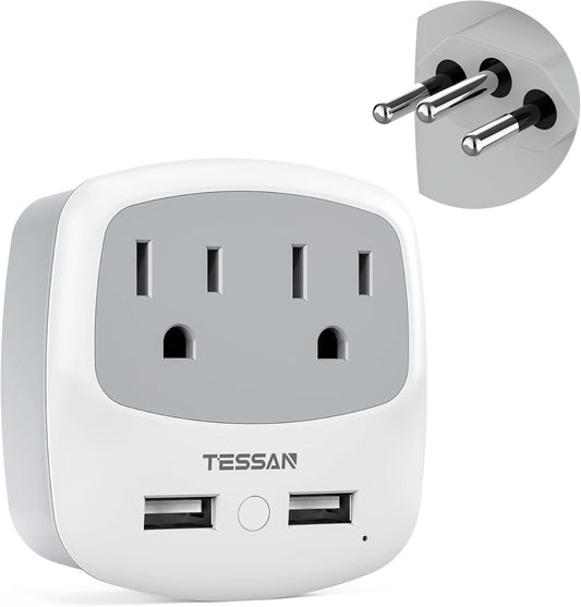 TESSAN Brazil Power Adapter, US to Brazil Plug Adaptor with 2 American Outlets and 2 USB Charging Ports, Type N Travel Adapter for USA to Brazilian Brasil