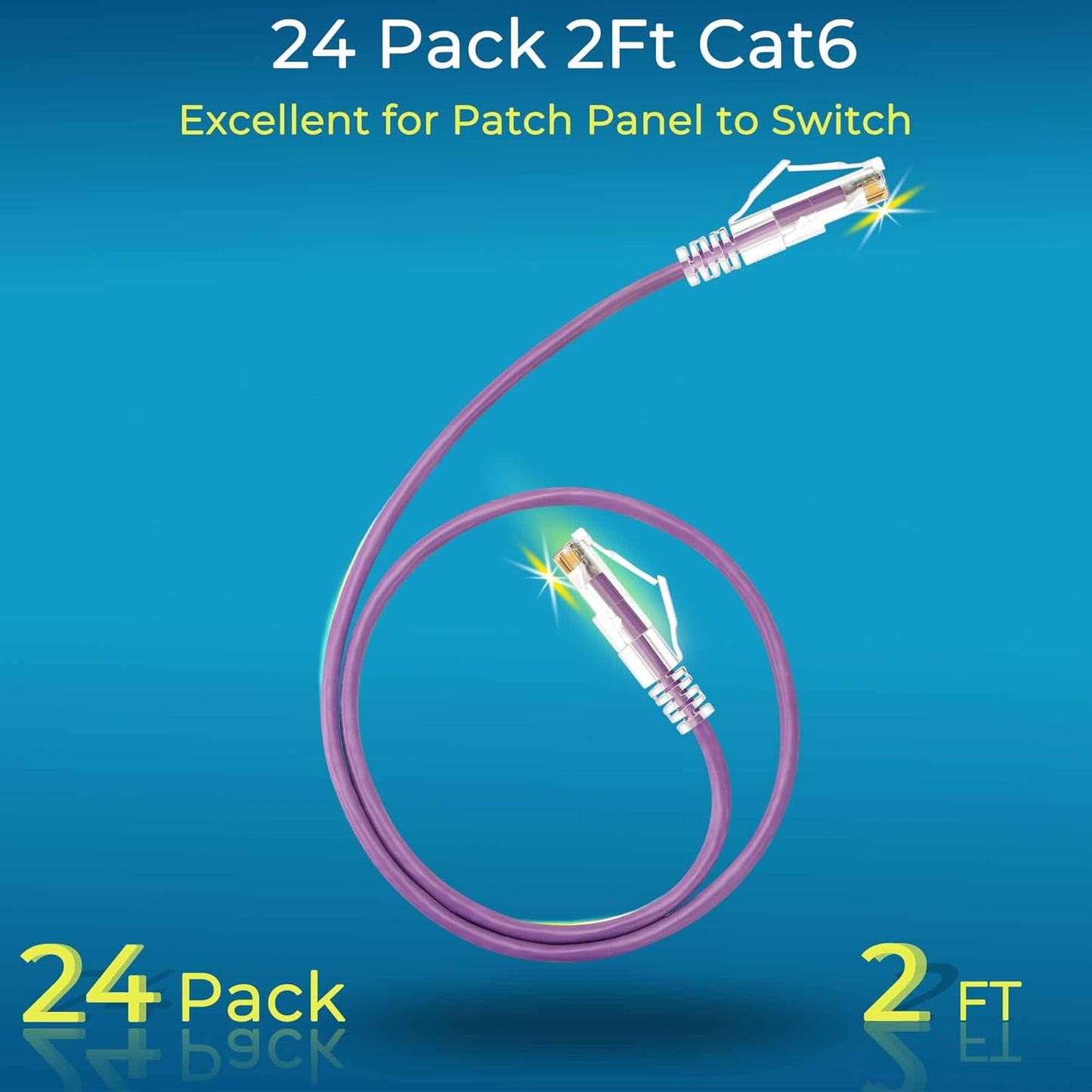Rapink Patch Cables Cat6/ Cat6a 2ft (24 Pack) Slim, Cat6a Ethernet Patch Cable 20G Support, Snagless Cat 6 Patch Cable for Patch Panel to Switch, Flexiable Cat6 Ethernet Cable Purple