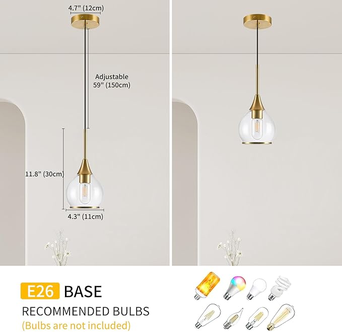3 Pack Island Light for Kitchen, 1-Light Gold Kitchen Island Hanging Pendant Light, Brushed Gold Dining Room Light Fixture Over Table with Clear Round Glass Shades