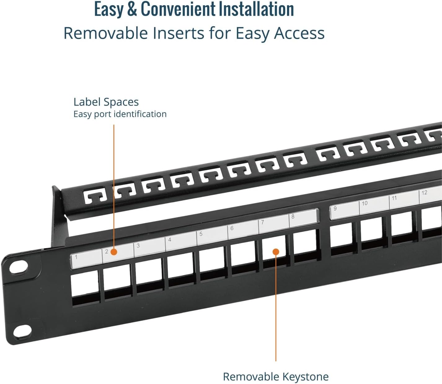 Tecmojo 24-Port Blank Keystone Patch Panel, 1U 19" Rackmount Housing with Cable Management Support Bar, Black