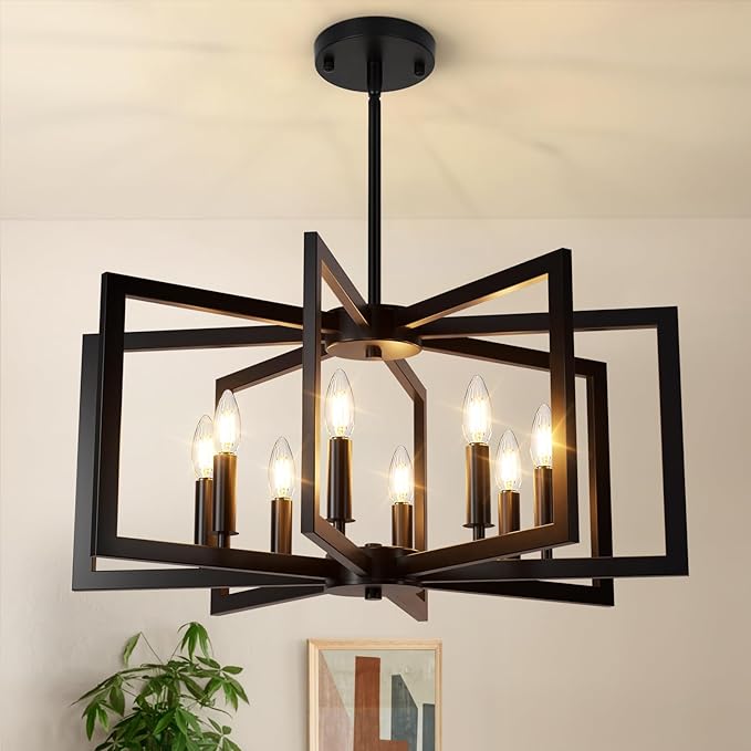 8-Light Black Chandelier, Farmhouse Dining Room Light Fixture, Modern Chandelier, Geometric Industrial Metal Hang Lighting Fixture for Foyer Entryway Kitchen Over Table Hallway Living Room