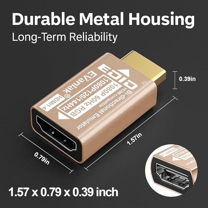 EVanlak HDMI EDID Emulator Adapter Dummy Plug, Virtual Display Headless Ghost HDMI Passthrough 1920x1080@60Hz to 144Hz, Bi-Directional Design, Supports VRR & 8CH Audio,Gold -1P