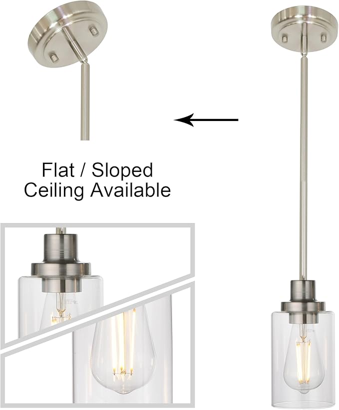 MELUCEE 2-Pack Pendant Light Brushed Nickel Adjustable Hanging Light Fixtures Ceiling with Clear Glass Shade, Set of Two Mini Pendant Lighting for Kitchen Island Hallway Porch Corridor