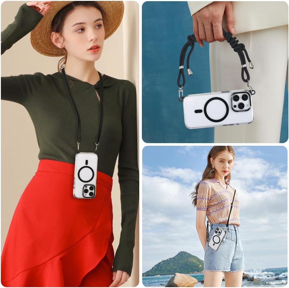 for iPhone 16 Pro Case with 62.99 inch Lanyard, Classic Clear&Black Magnetic Phone Case, Drop&Shockproof Protection Cases, Phone Lanyard for Around The Neck, Compatible with Magnet Accessory