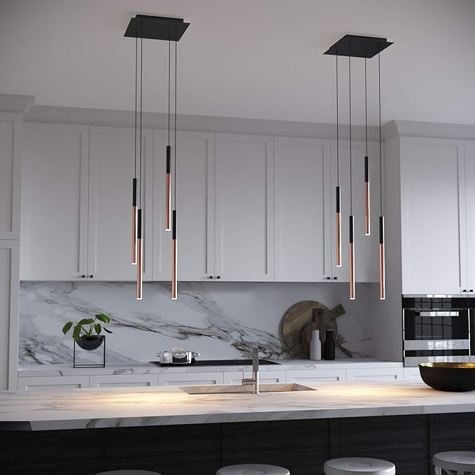 ALTAIR 4 Mini Pendant Lighting Black-Copper - LED Hanging Light Fixture for Kitchen Island, Bar, Foyer - Cluster Pendants - Dimmable, Adjustable Wire, Lamp Bulb Included