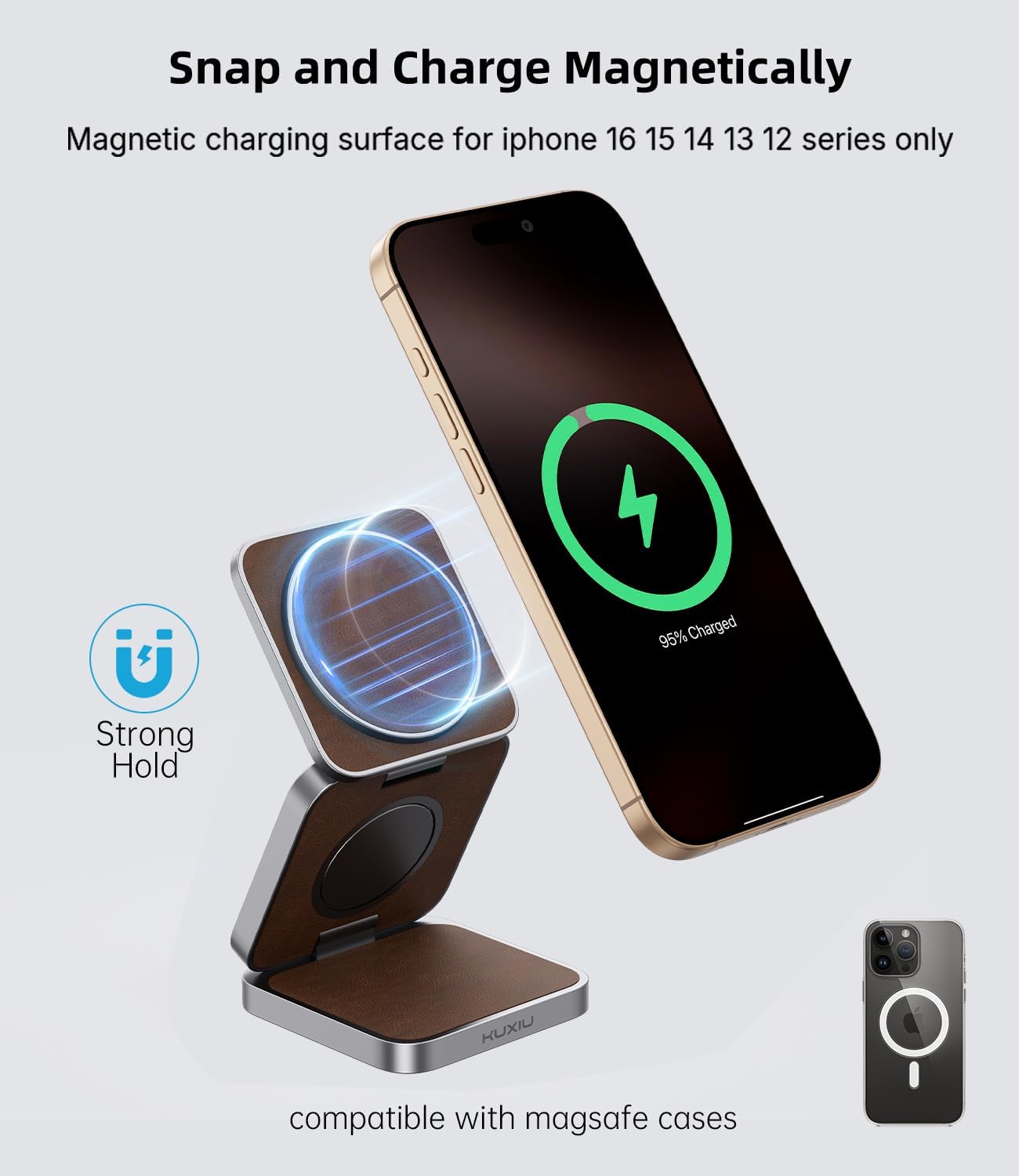 Foldable Magnetic Wireless Charger, KU XIU X40 Aluminum Alloy 3 in 1 Charging Station for Apple, Fast Charging Travel Charger for iPhone 16 15 14 13, 5W for Apple Watch Ultra, AirPods, Leather Texture